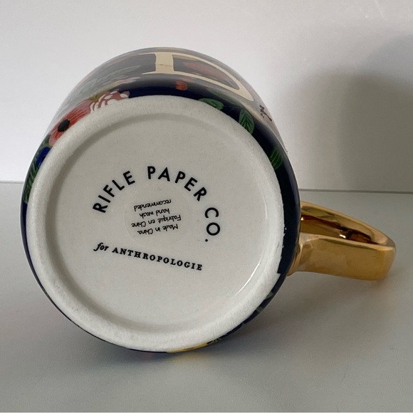 Rifle Paper Co. for Anthropologie Mug “D” Floral Gold Handle Trim Coffee Blue - Picture 7 of 16
